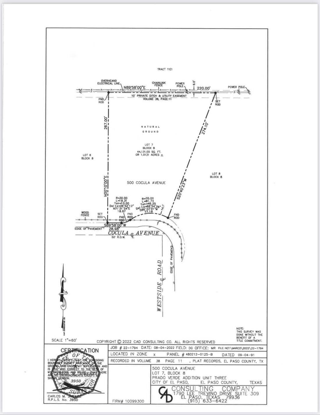 Lot survey for 500 Cocula Avenue, El Paso TX